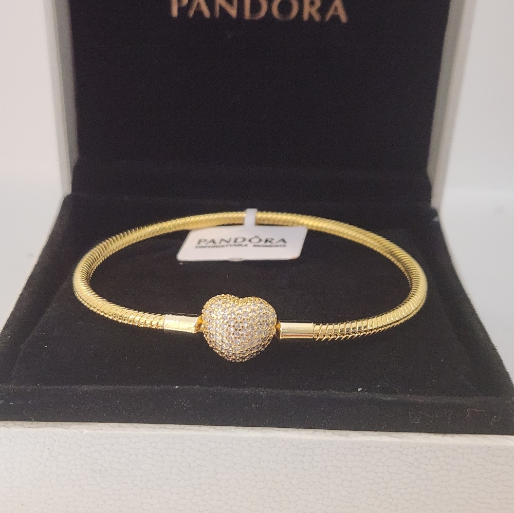NewPandora Moments 14k Golden Plated Snake Chain Charm Bracelet Size 7.1 inches